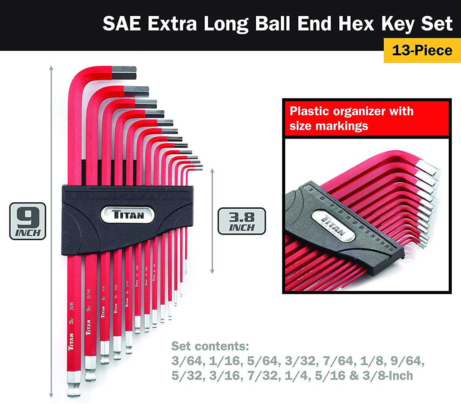 Titan Tools, Titan 12713 13-Piece SAE Extra Long Ball End Hex Key Set